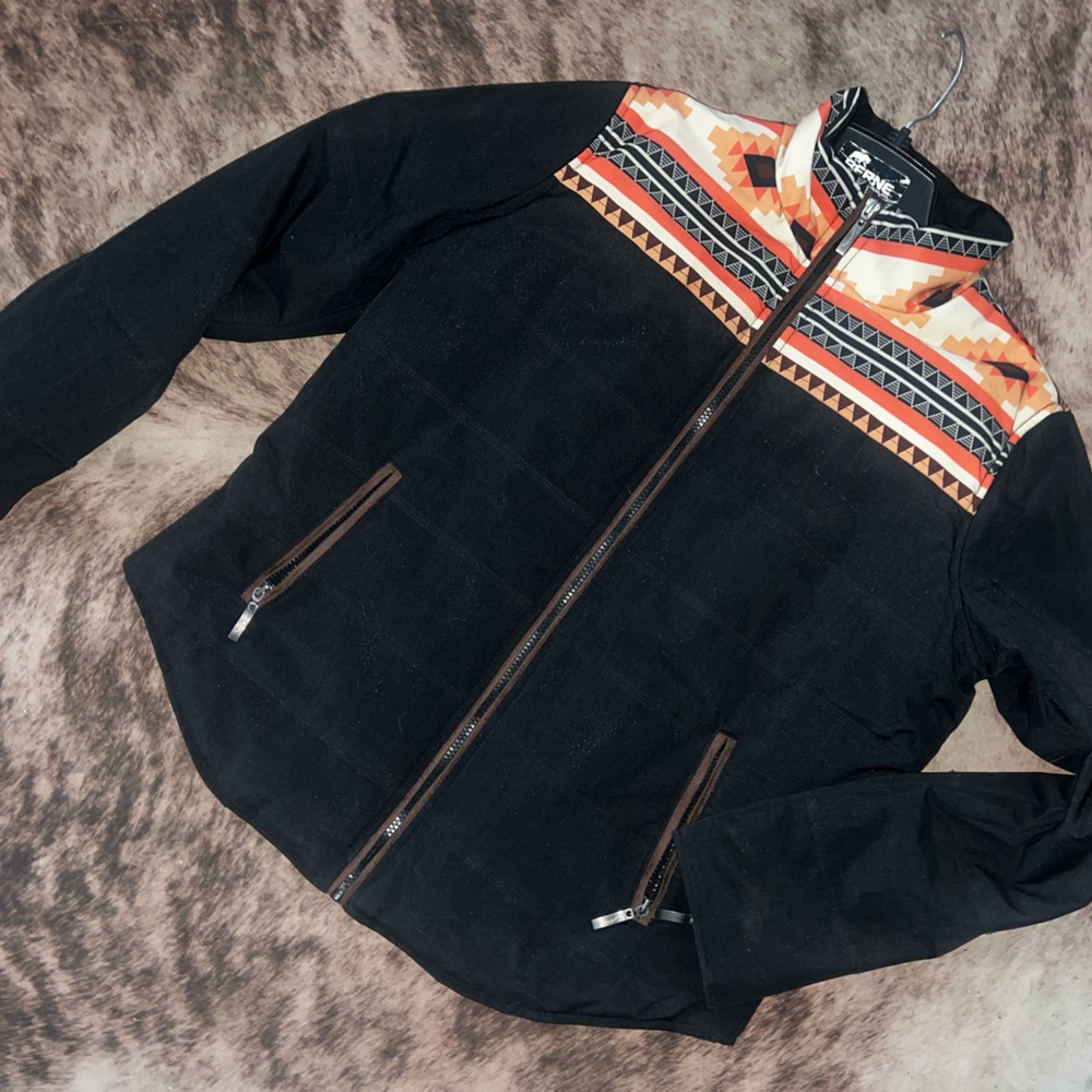 Women's Montana co. Light weight puffer type jacket. Black Orange Aztec design